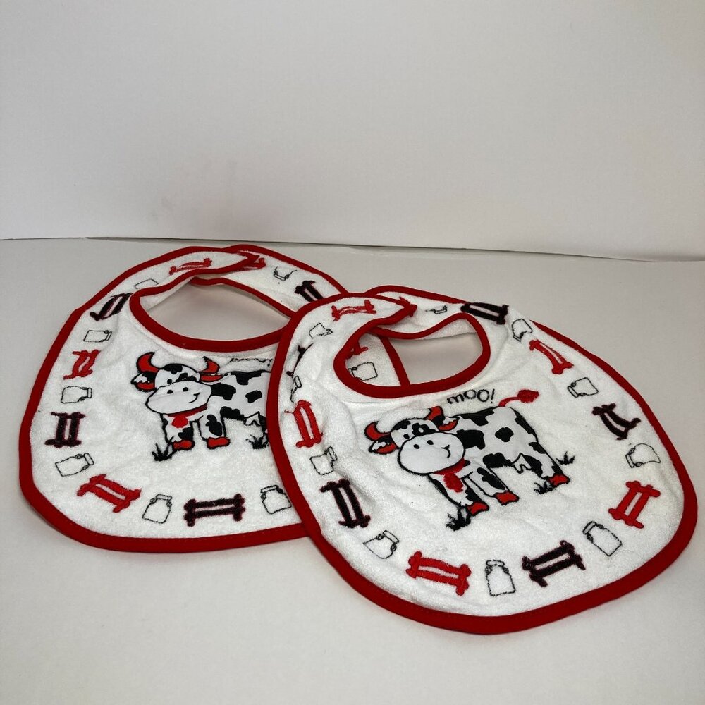 Vintage Avon The First Years Cow Farm Baby Bib Red White Unisex Lot of 2